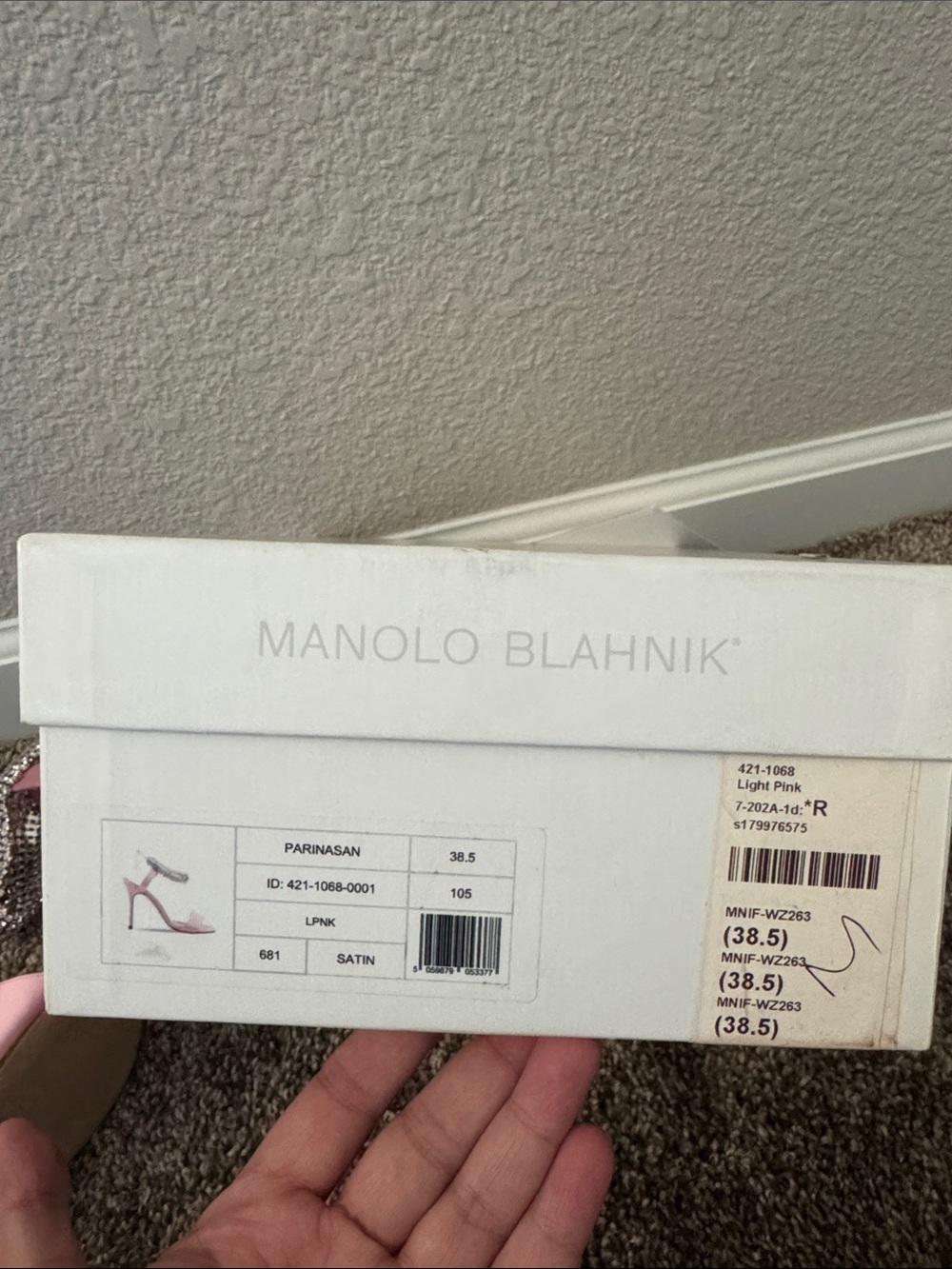 NIB Manolo Blahnik Parinasan Satin Heels 105 mm Size 38.5 Pink w/Crystal Strap - Picture 6 of 7